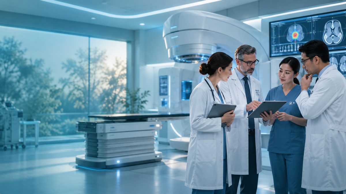 A medical team discussing care in a radiation treatment facility