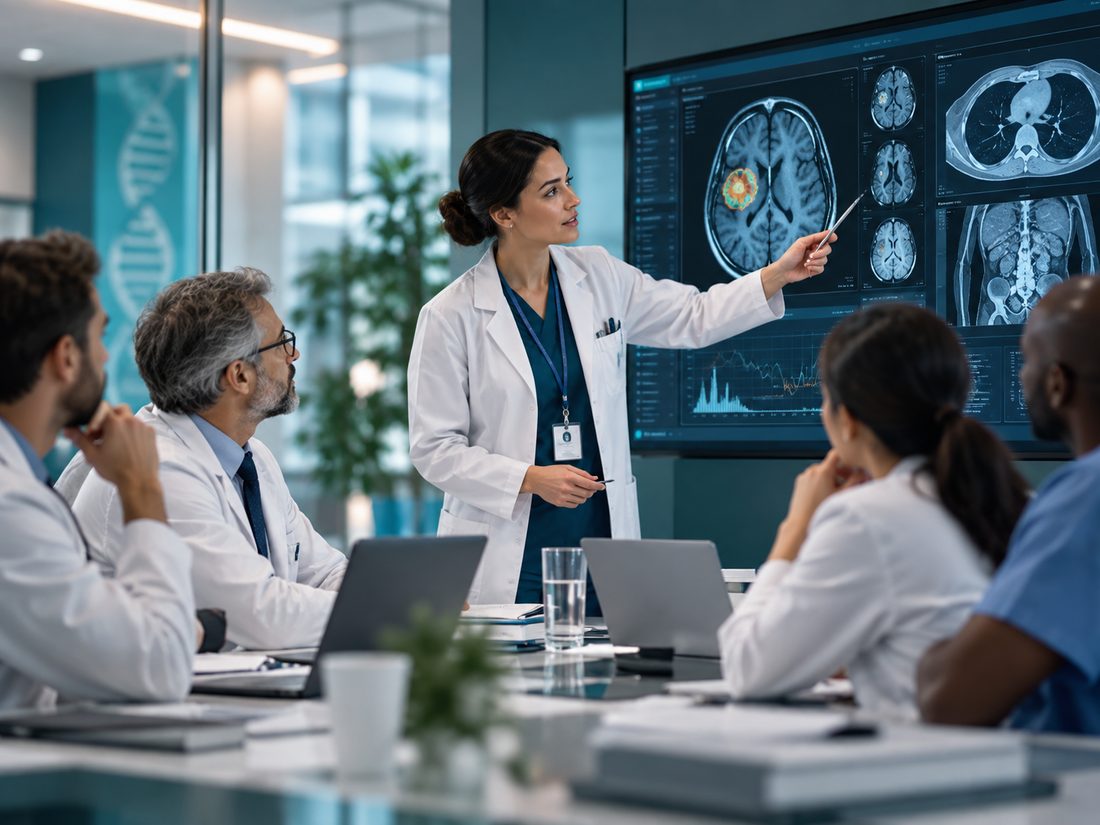 An oncology team reviewing treatment scans together